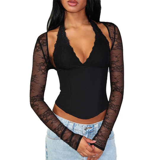 Damen eleganter Body mit Spitzendetails und tiefem V-Ausschnitt EB