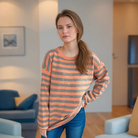 Damen lässiger Oversize-Pullover mit breiten Streifen EB