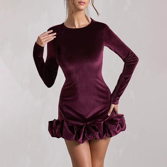 Damen Figurbetontes Samt-Minikleid mit langen Ärmeln und gerafftem Volant-Saum EB