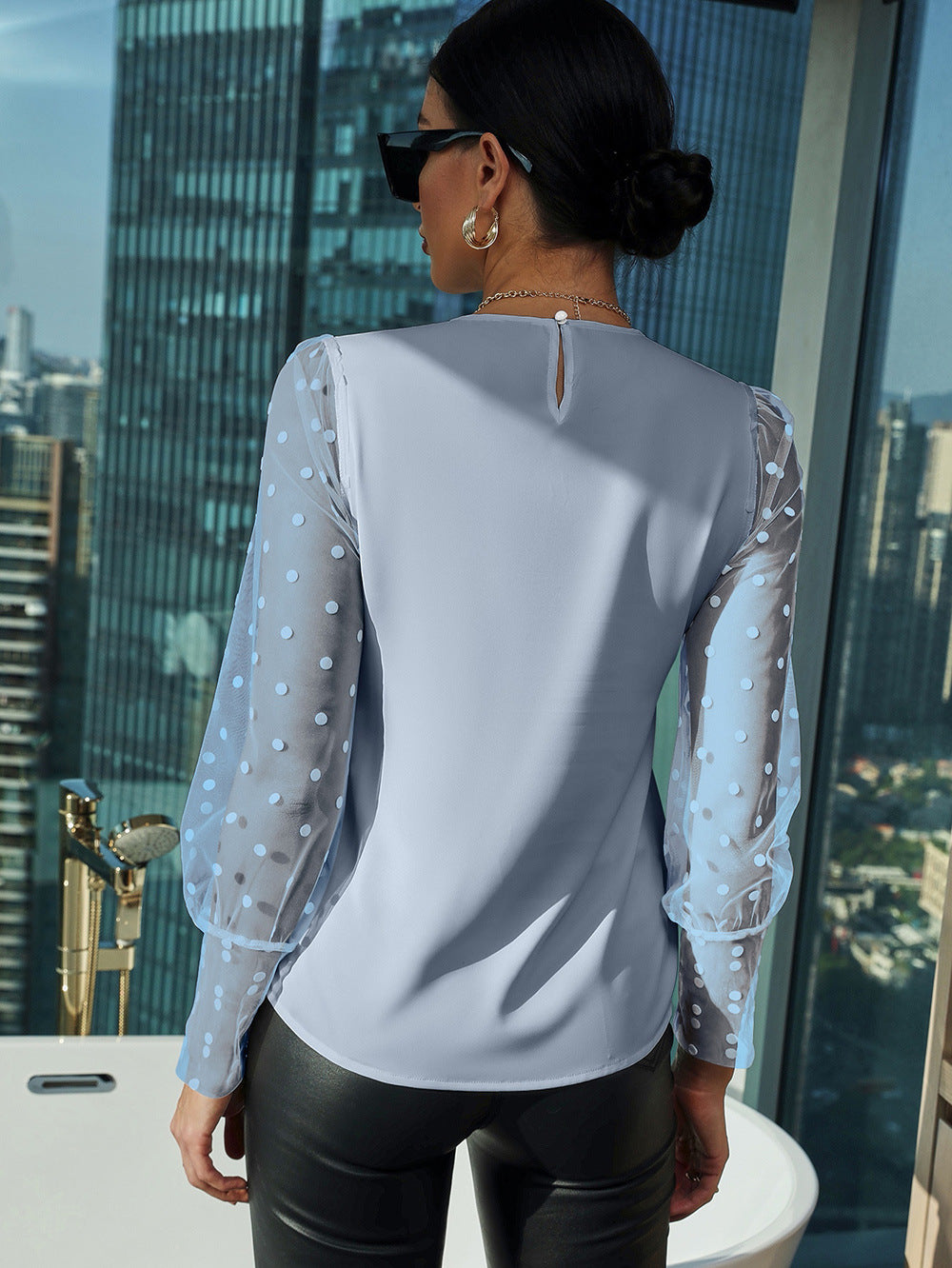 Damen Bluse mit transparenten Puffärmeln und Punkten EB