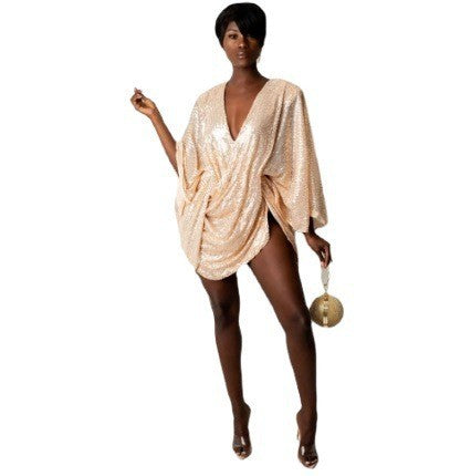 Damen Glitzerndes Kaftan Kleid mit tiefem V-Ausschnitt und voluminösen Ärmeln EB