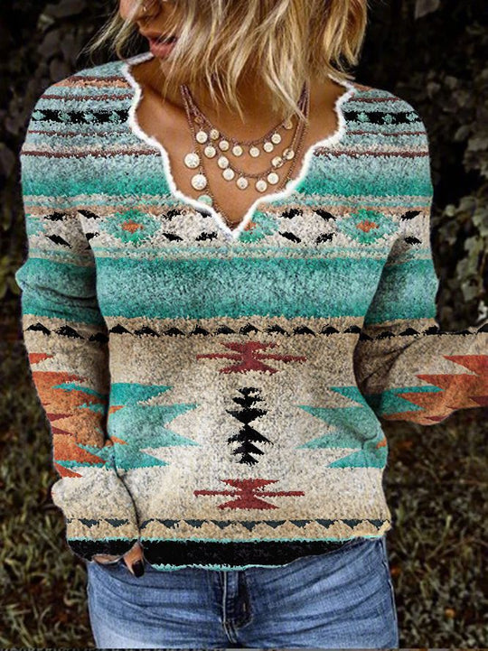 Damen Pullover mit strukturiertem Geometric-Design und V-Ausschnitt EB