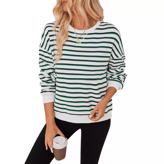Damen lässiger Sweatshirt mit modernem Streifenmuster und Rundhalsausschnitt EB