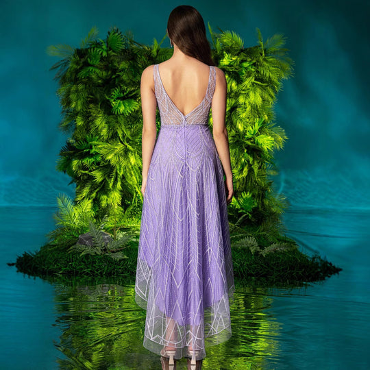 Damen Midi-Abendkleid mit schimmernder Detailverarbeitung und asymmetrischem Saum EB