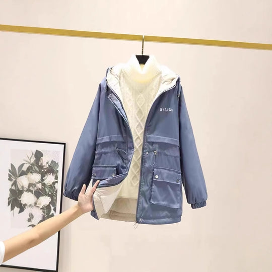 Damen gefütterte Parka-Jacke mit Kapuze und verstellbarem Taillenzug EB