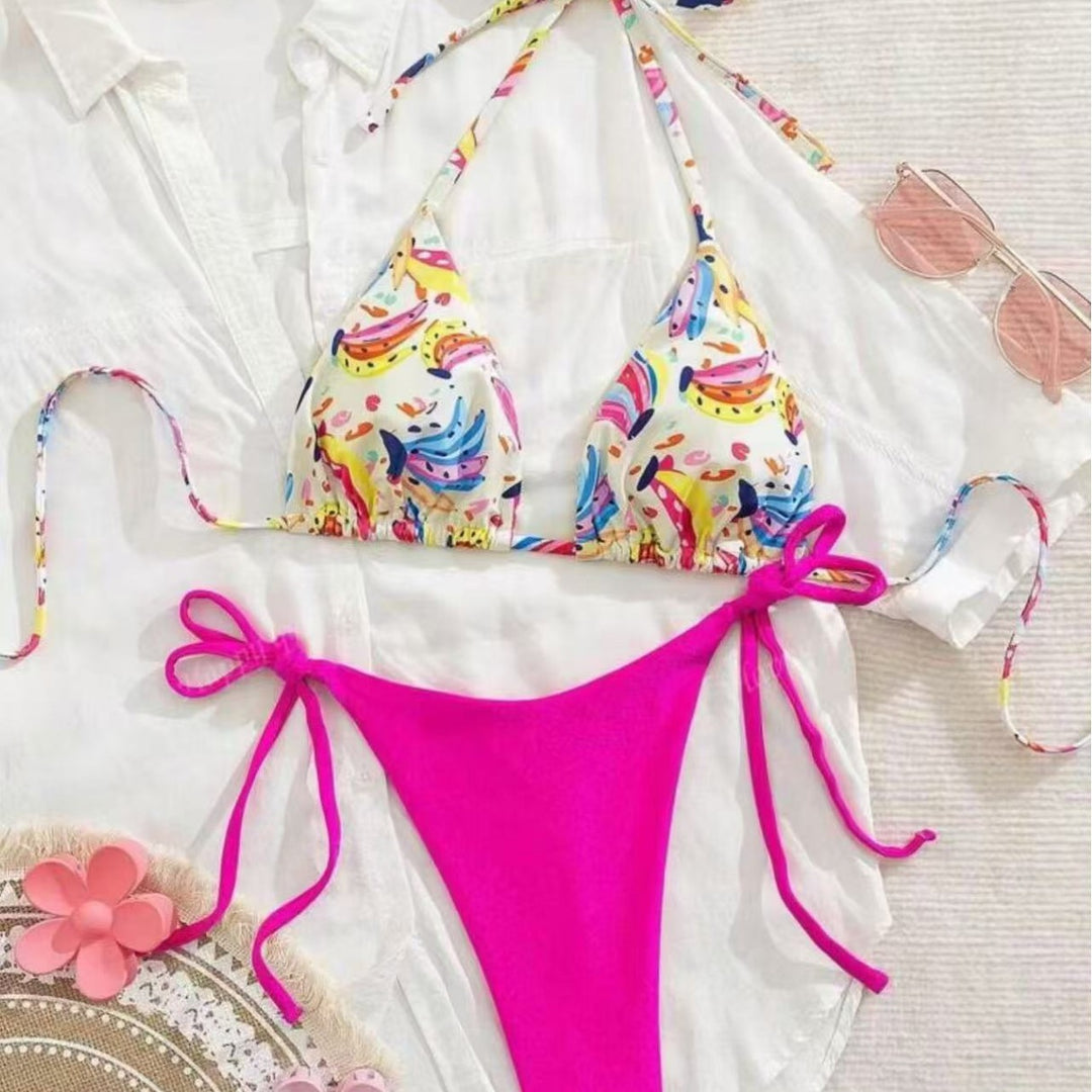 Damen Bikini-Set mit buntem Obstmuster und seitlichem Knoten EB