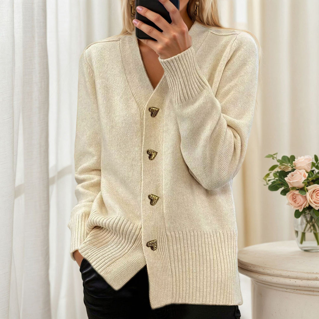 Damen nan lockerer Strickcardigan mit Herzknöpfen und geripptem Saum EB