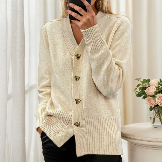 Damen nan lockerer Strickcardigan mit Herzknöpfen und geripptem Saum EB