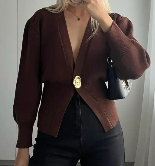 Damen Eleganter und lässiger Cardigan mit tiefem Ausschnitt und Schmuckknopf EB