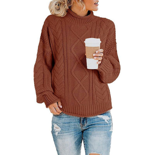 Damen Grobstrickpullover mit hohem Kragen und Bündchen EB
