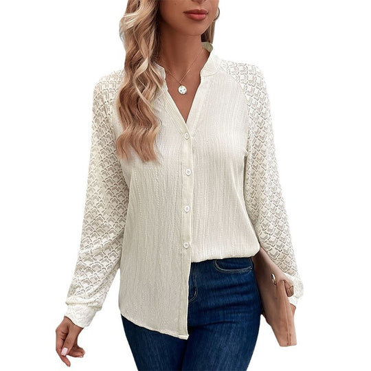 Damen Bluse mit eleganten Spitzenärmeln und strukturiertem Stoff EB