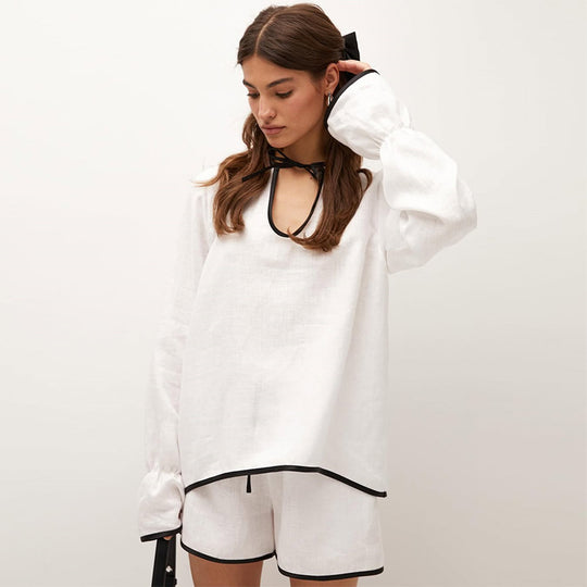 Damen luftiges Leinen-Loungewear-Set mit lockerem Oberteil und Shorts EB