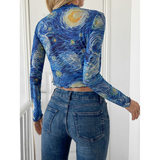 Damen Langarm-T-Shirt mit kunstvollem Druck und geschmackvollem Wellensaum EB