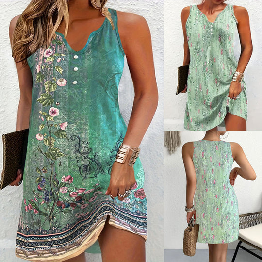 Damen ärmelloses Sommerkleid mit modischem V-Ausschnitt und Knopfdetails EB