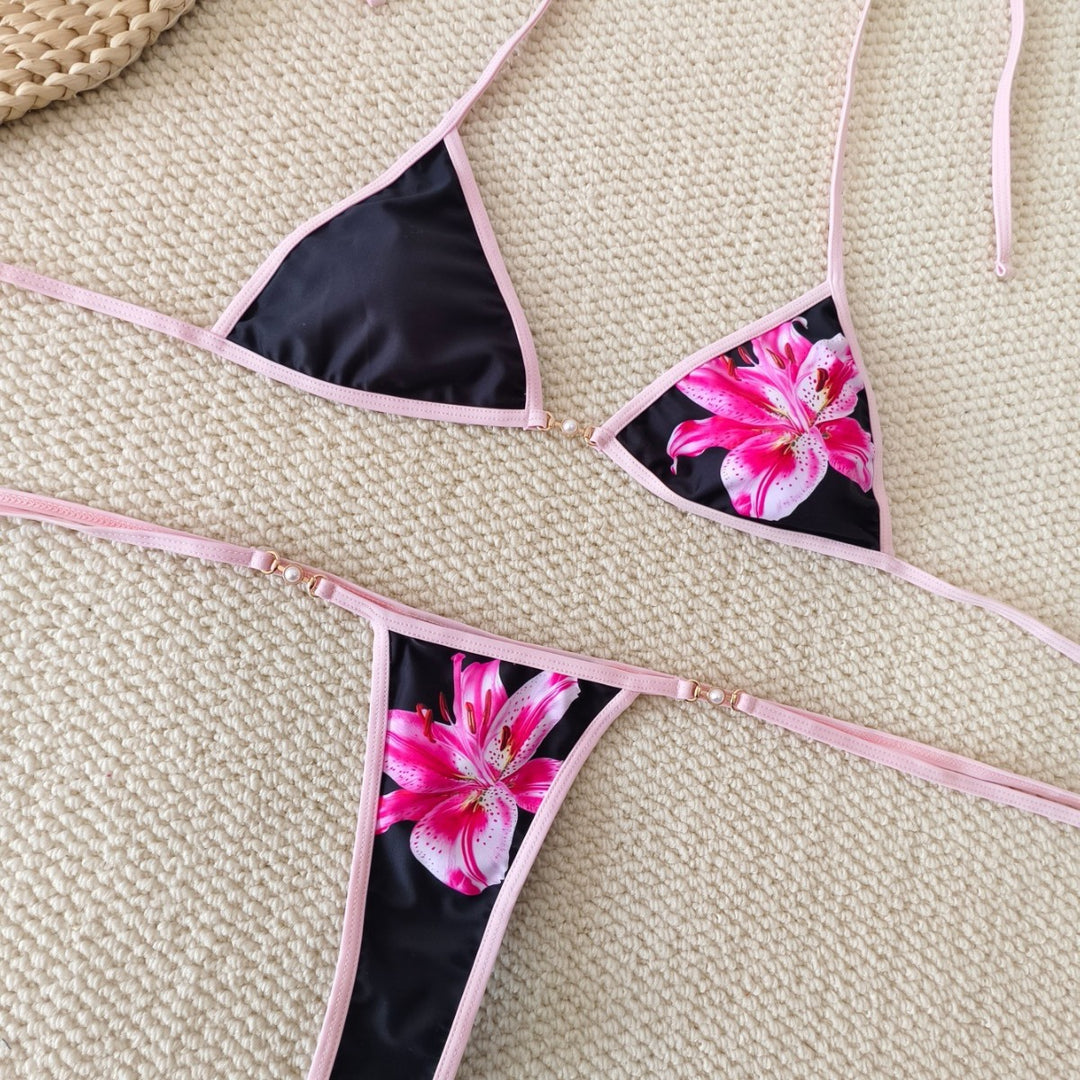 Damen Triangel-Bikini mit floralen Akzenten und verstellbaren Bändern EB