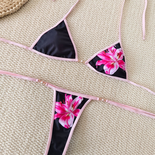 Damen Triangel-Bikini mit floralen Akzenten und verstellbaren Bändern EB