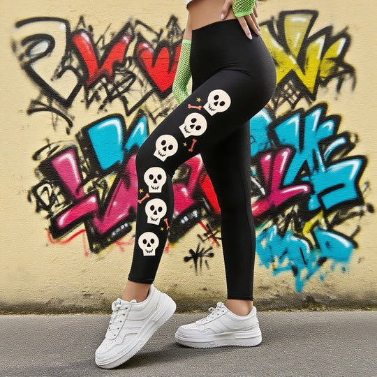 Damen Leggings mit stylischem Totenkopf-Motiv und hohem Bund EB