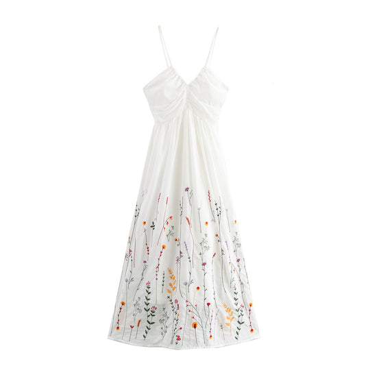 Damen Spaghetti-Träger Kleid mit floralen Stickereien EB