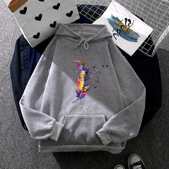 Damen nan Kapuzenpullover mit künstlerischem Aquarell‑Federmotiv, Oversize‑Schnitt und Kängurutasche EB