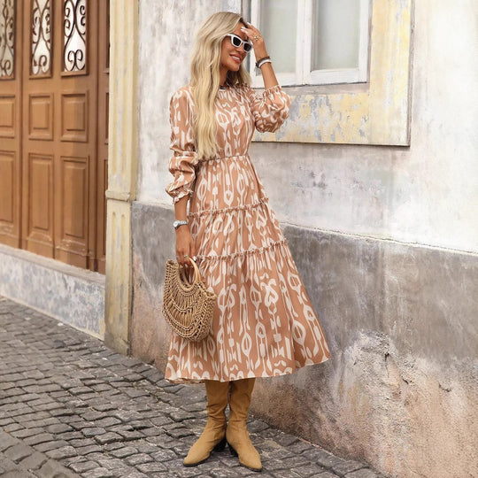 Damen Maxi-Kleid mit voluminösen Ärmeln und feinem Druck EB