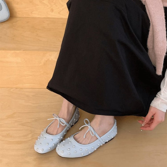 Damen Ballerinas mit dekorativen Perlen und seitlichem Riemchen EB