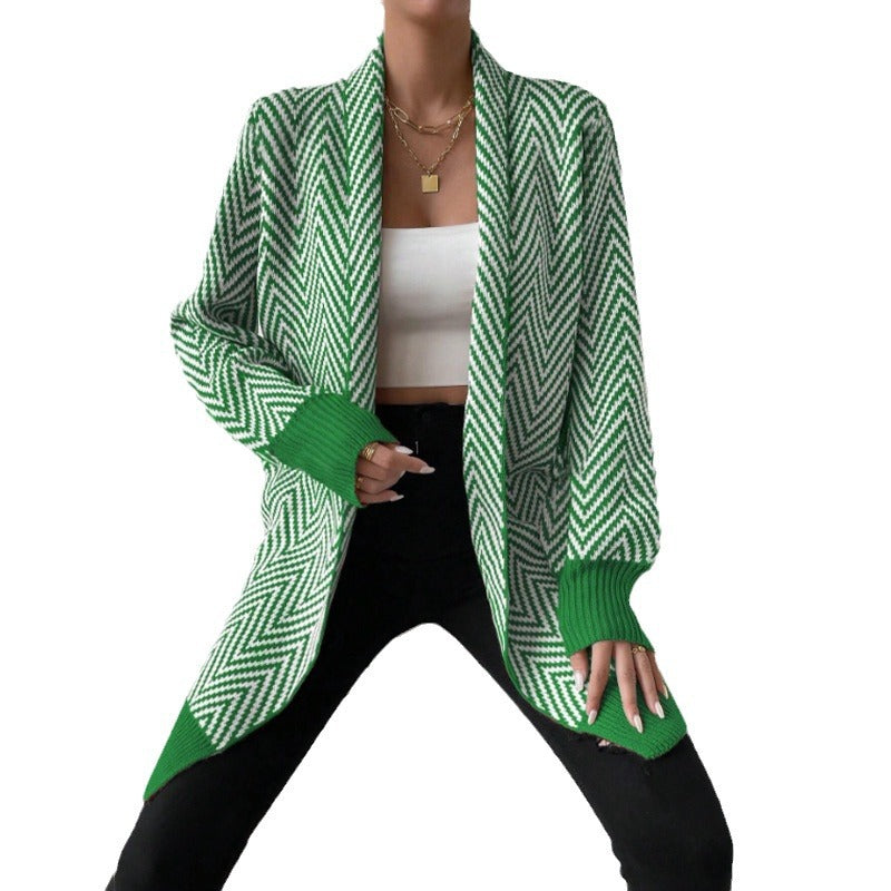Damen langärmlige Strickjacke im modernen Chevron-Design EB