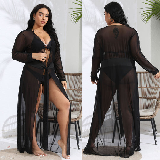 Damen transparenter Strandüberwurf mit verspieltem Taillengürtel EB