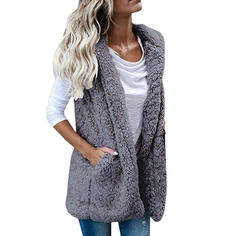 Damen nan flauschige Teddyweste mit Schalkragen und Eingrifftaschen EB
