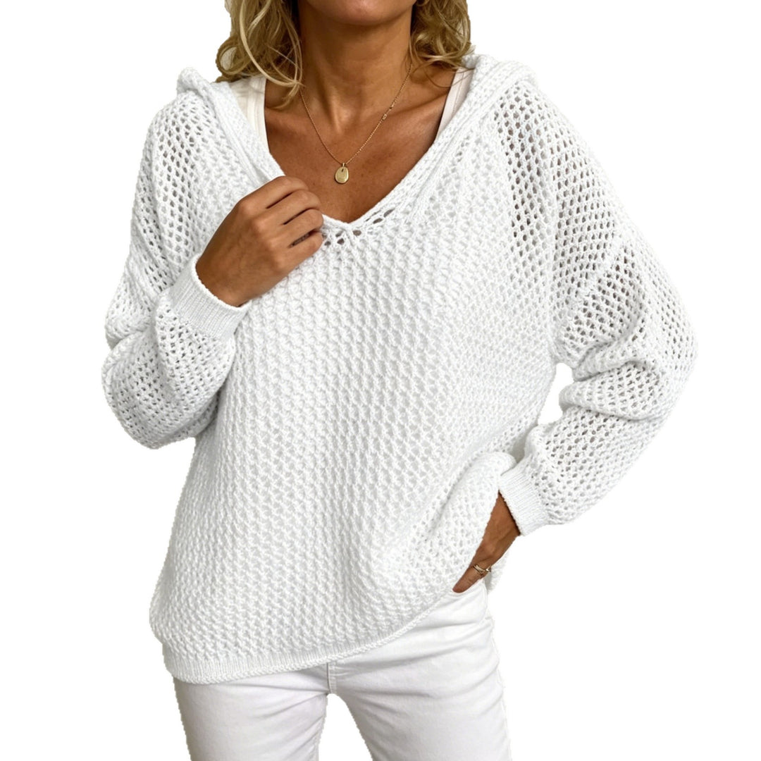 Damen Grobgestrickter V-Ausschnitt-Pullover mit Kapuze und Lochmuster EB
