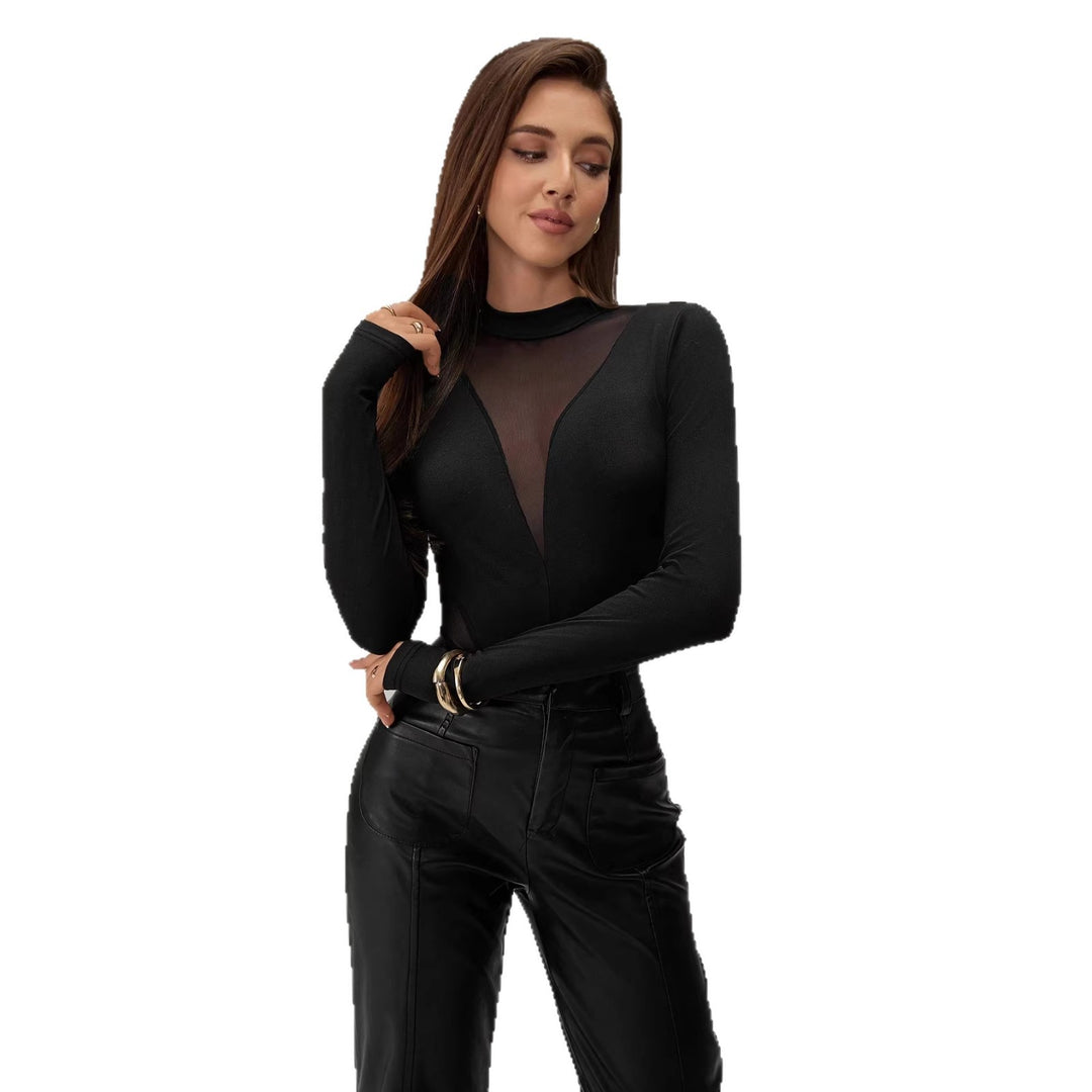 Damen nan figurbetonter Langarm-Body mit transparenten Mesh-Einsätzen, Stehkragen und hohem Beinausschnitt EB