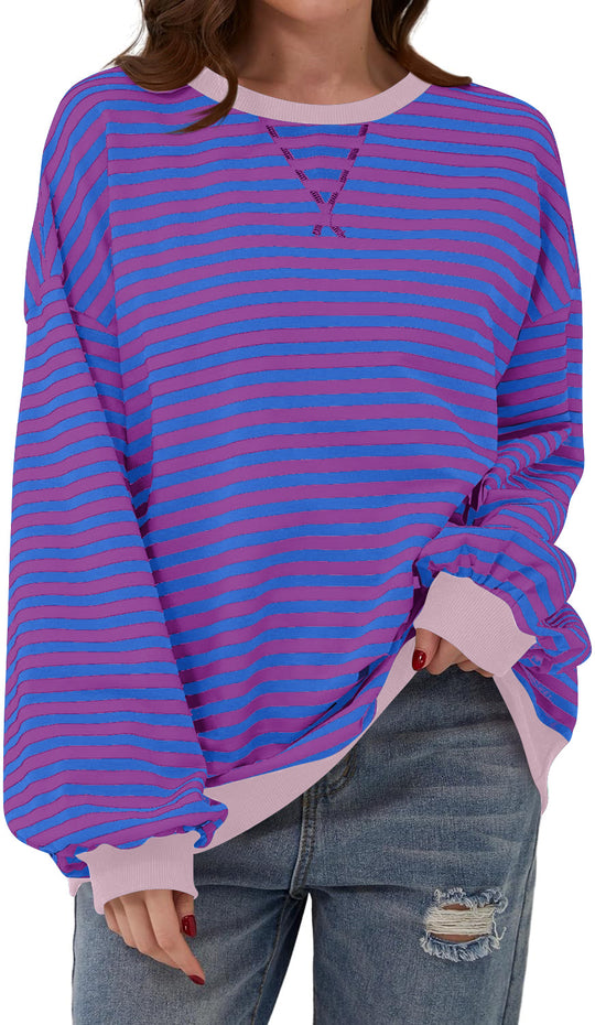 Damen lässiger Oversized Sweatshirt mit bunten Streifen und Kapuzenkordel EB