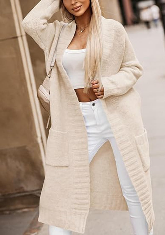 Damen Großer Strickmantel mit tiefen Taschen und offenem Design EB