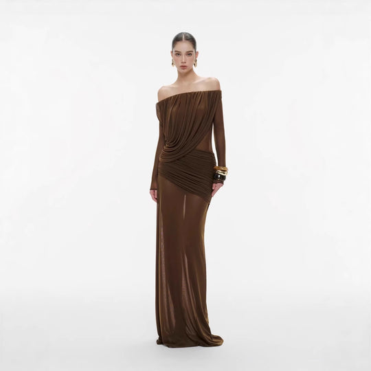 Damen Langarm Maxikleid mit Drapier-Design und schulterfreiem Ausschnitt EB