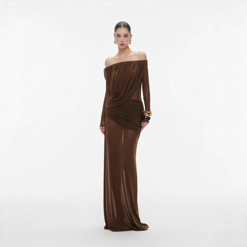 Damen Langarm Maxikleid mit Drapier-Design und schulterfreiem Ausschnitt EB