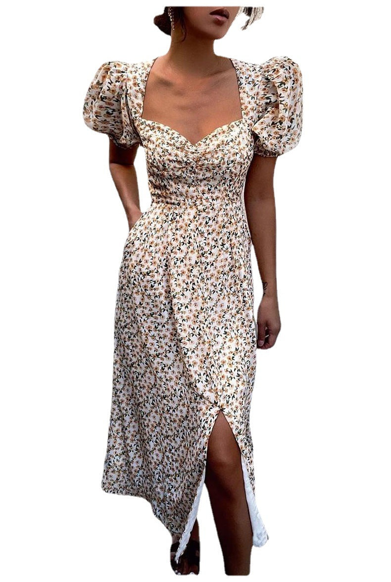 Damen Midi-Kleid mit ballonartigen Ärmeln und aufregendem Muster EB