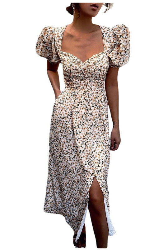 Damen Midi-Kleid mit ballonartigen Ärmeln und aufregendem Muster EB