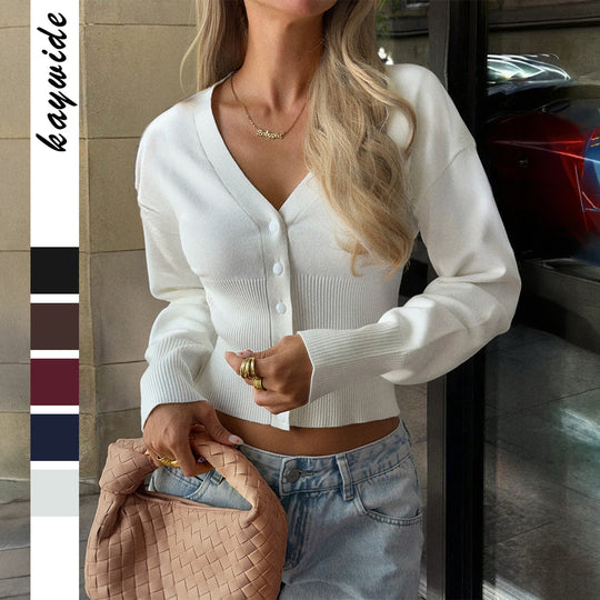 Damen nan taillierte Cropped-Strickjacke mit tiefem V-Ausschnitt, geripptem Bund und durchgehender Knopfleiste EB