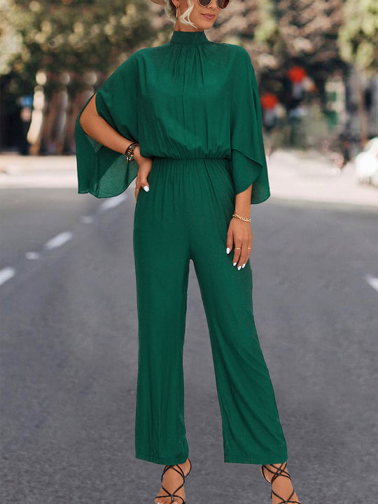 Damen Eleganter Jumpsuit mit fließendem Cape-Design und hochgeschlossenem Ausschnitt EB