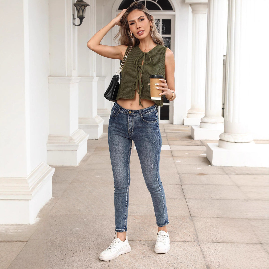 Damen cropped Strickoberteil mit dekorativem Schnürverschluss EB