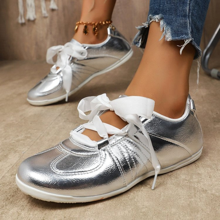 Damen modische Freizeitsneaker mit schimmerndem Obermaterial EB