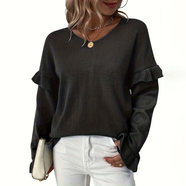 EB | V-ausschnitt Pullover mit Rüschendetails Baumwolle Weiches und Elegantes Design