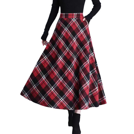 Damen nan weiter karierter Tellerrock aus Wollmix mit hoher Taille und Eingrifftaschen EB