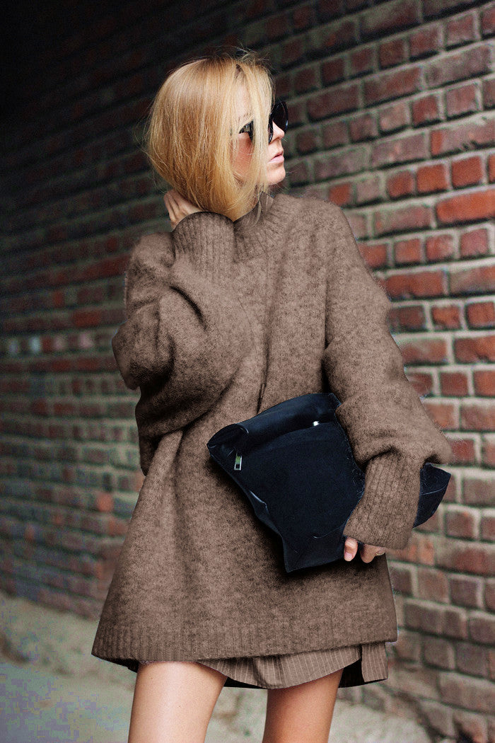 Damen Oversized Strickpullover mit hochabschließendem Kragen und voluminösen Ärmeln EB