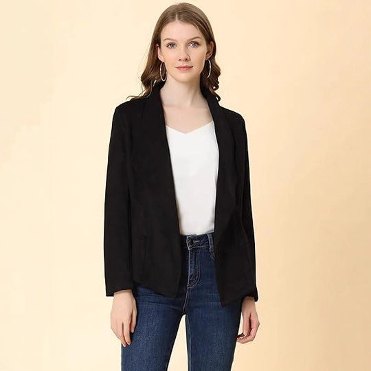 Damen modische Synthetiklederjacke mit offenem Schnitt und Taschen EB