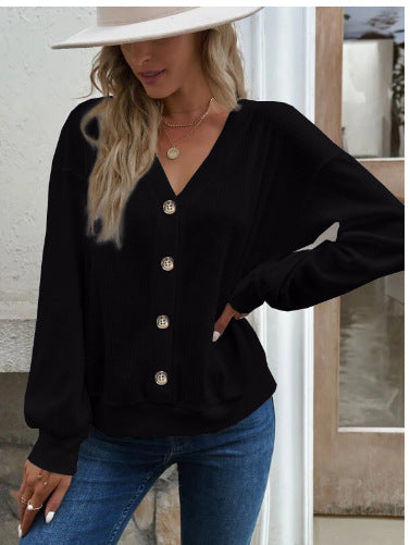 Damen Komfortabler Strickpullover mit V-Ausschnitt und Knopfleiste EB