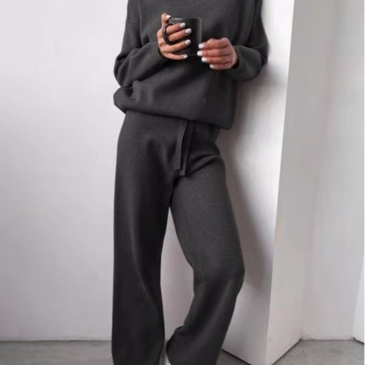 Damen kuscheliges Strick-Loungewear-Set mit weiten Hosen und elegantem Rundhalsausschnitt EB