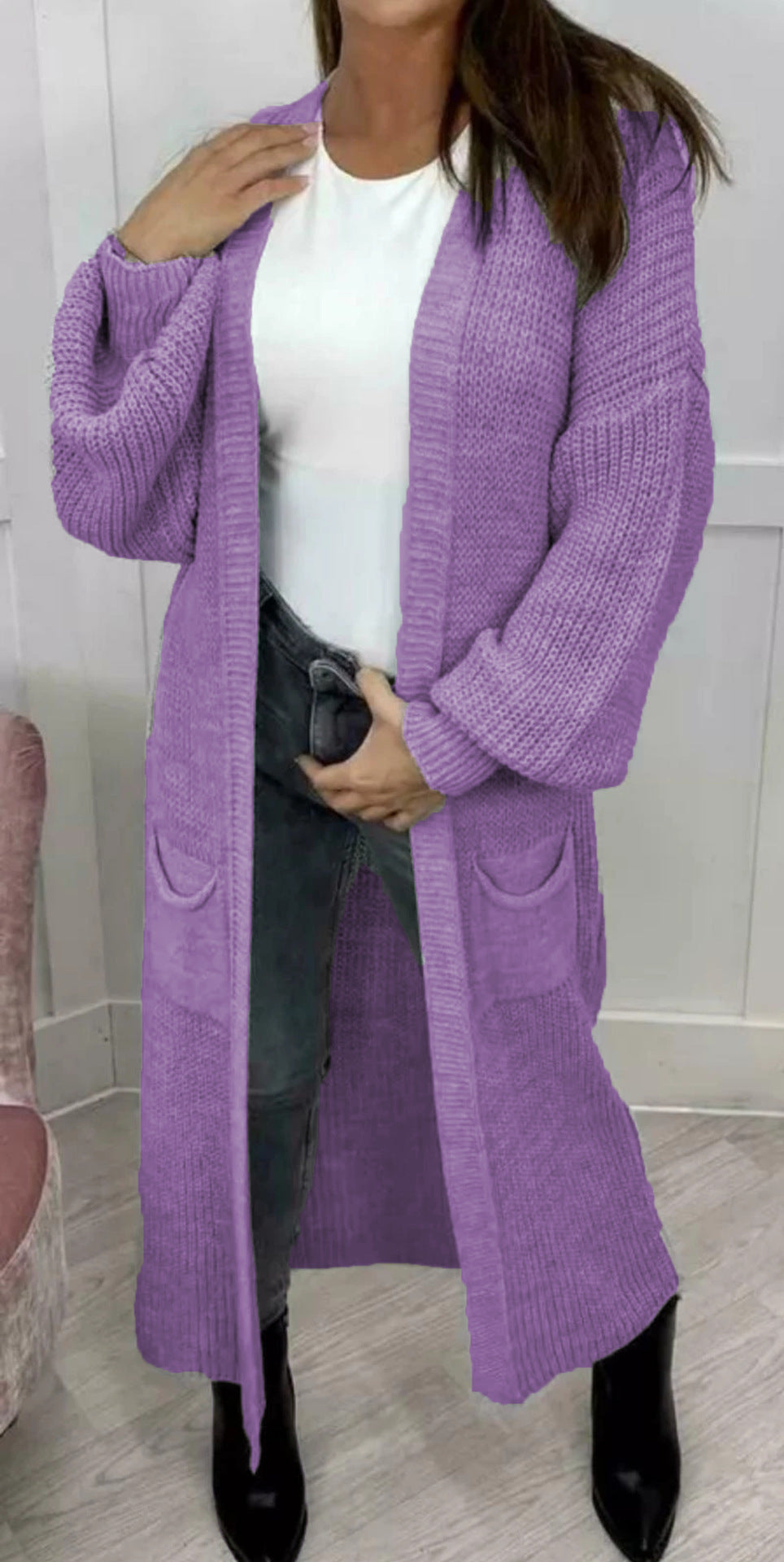 Damen Langer Strickcardigan mit strukturierter Maschenoptik und praktischen Taschen EB