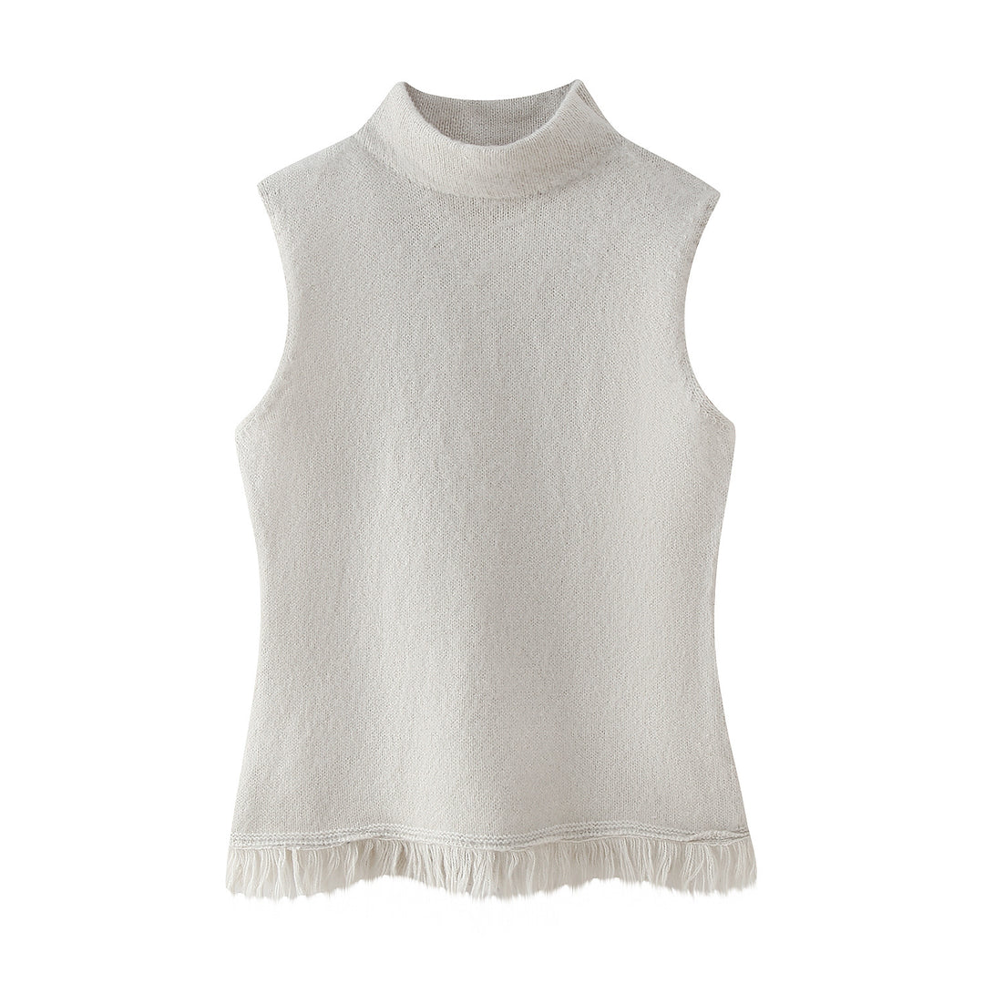 Damen ärmelloses Strickoberteil mit elegantem Stehkragen und fransigem Saum EB