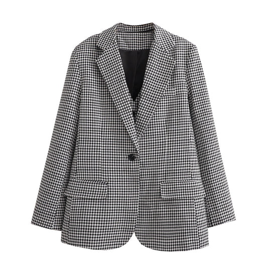 Damen Oversize Hahnentritt Blazer mit Ein-Knopf-Verschluss und Pattentaschen EB