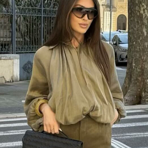 Damen Schicke Bluse mit Plissee und Puffärmeln EB